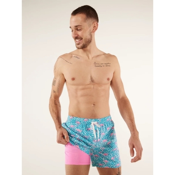 Chubbies Swim Trunks Mens Pink Blue Domingos Flamingos Boxer Shorts Liner